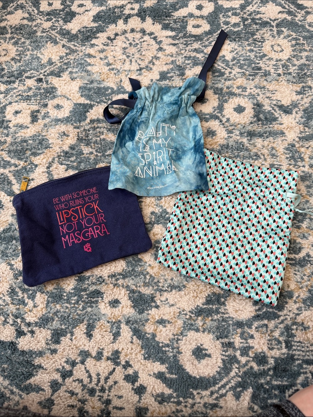 Set of 3 Makeup Bags Drawstring & Zip Pouches - Blue, Teal, Navy